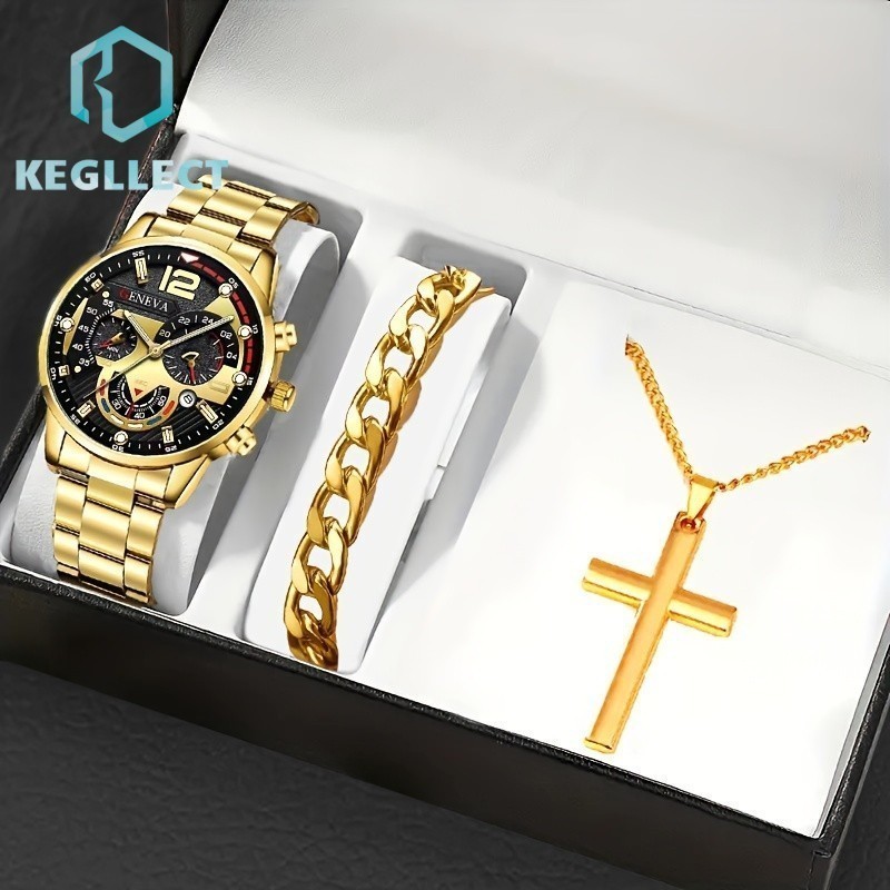 3 Pcs Set Jam Tangan Kalender Tali Stainless Steel Bisnis Pria Dengan Kalung Liontin Gelang Gelang S