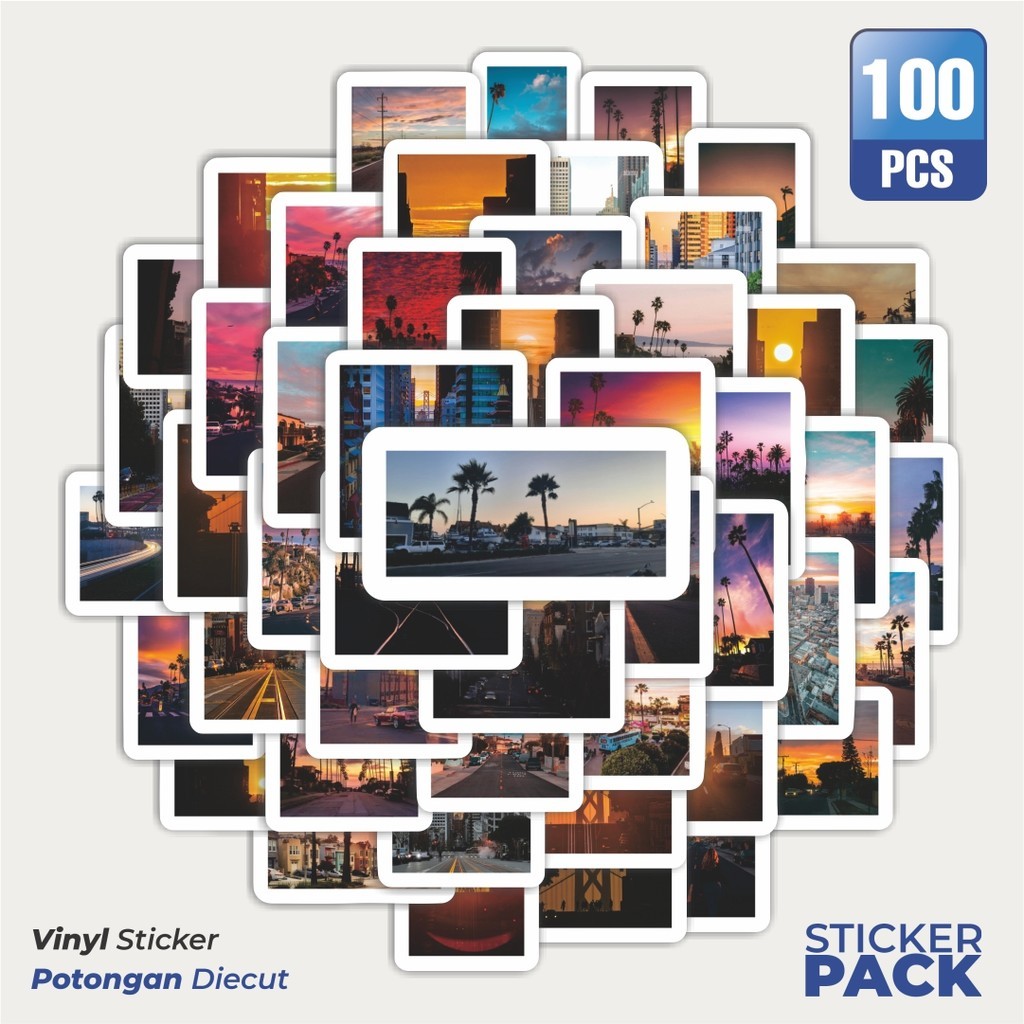 

100 PCS STIKER California Street Sunset [California Jalan Matahari Terbenam] Waterproof Aesthetic- Untuk Laptop, Motor, dan Helm - Paper Stationery Pack