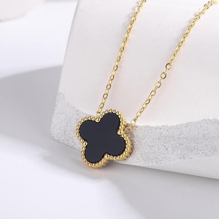 Kalung bunga clover Emas wanita titanium anti karat - Hitam - Hitam