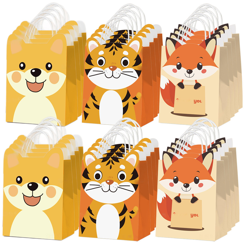

5/30pcs Animals Paper Goodie Bags With Handle Cute Tiger Puppy Grateful Fox Gift Bag Candy Cookies Bags for Kids Party Supplies