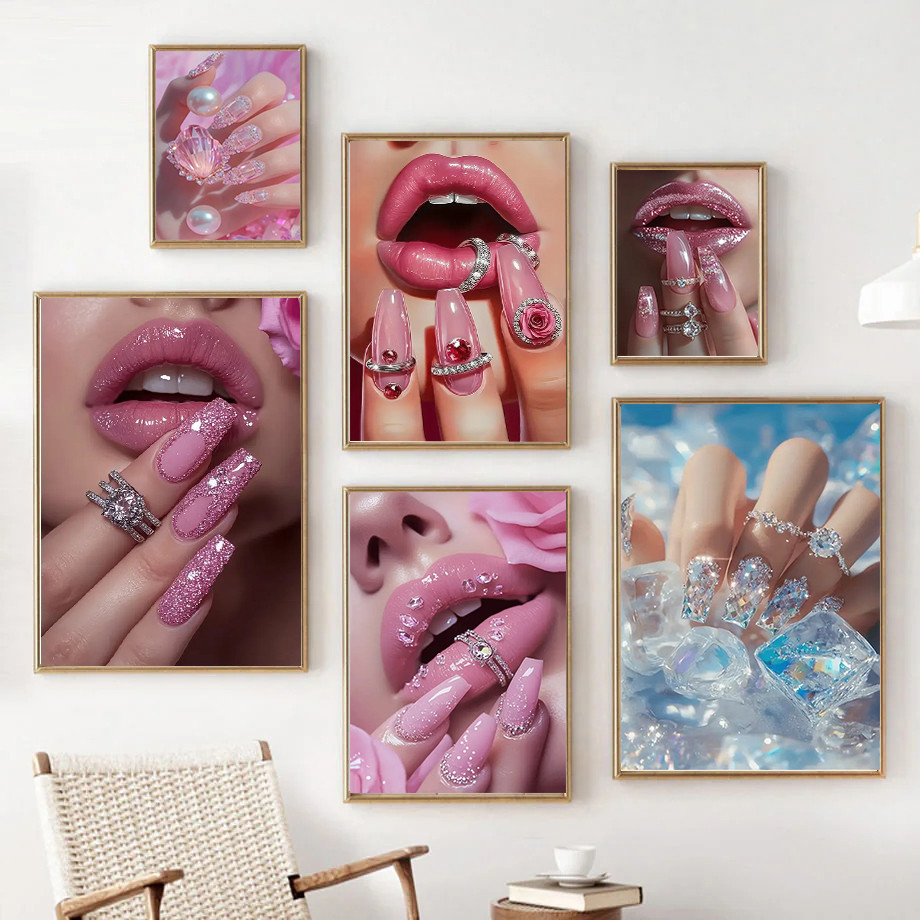 

Chic Pink Lips and Nail Canvas Art Print - Fashion Nail Poster Printing for Birthday, Valentine's Day Beauty Salon Home Decor