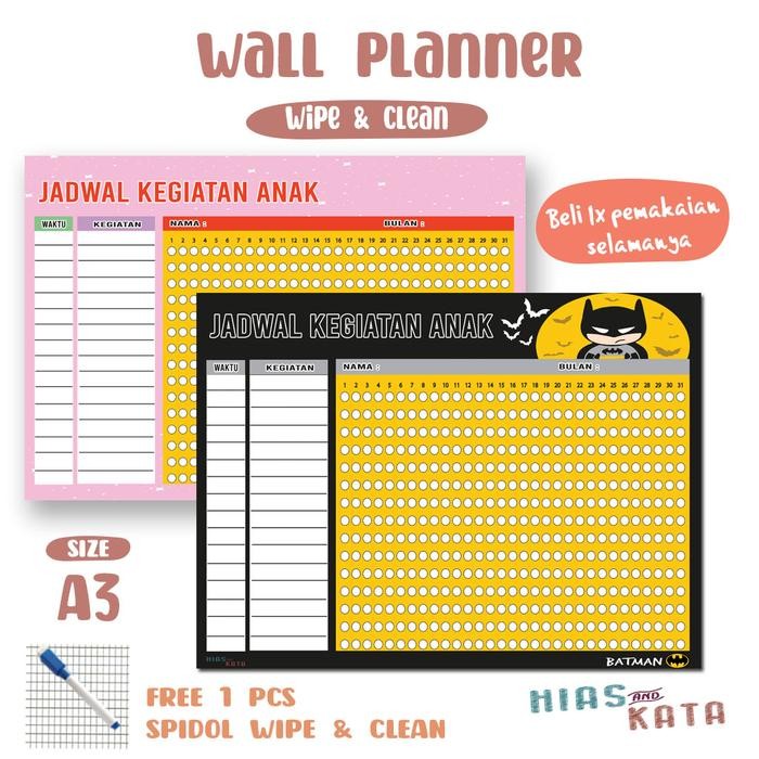 

Jadwal kegiatan anak wall planner bisa tulis dan hapus - batman, A3