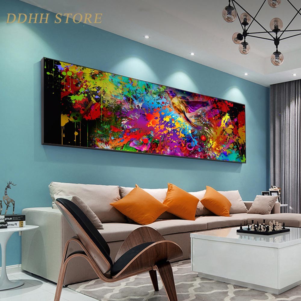 

Large Abstract Poster Different Colors Flowers Wall Art Canvas Oil Painting Bird Modern For Living Home Room Decor Picture
