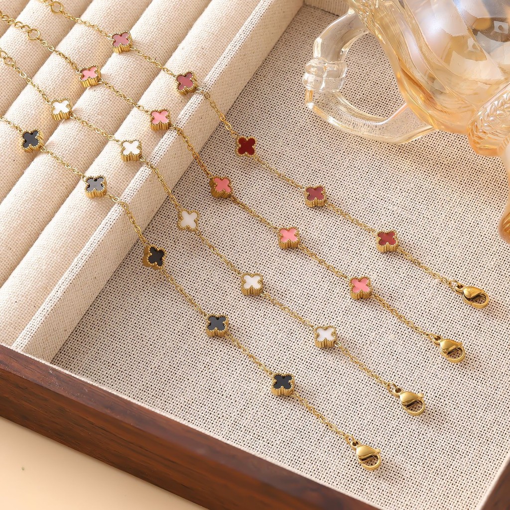 Hexi Jewelry Set Perhiasan Wanita Mewah Clover Kalung Titanium Gold Anting Asesoris Wanita