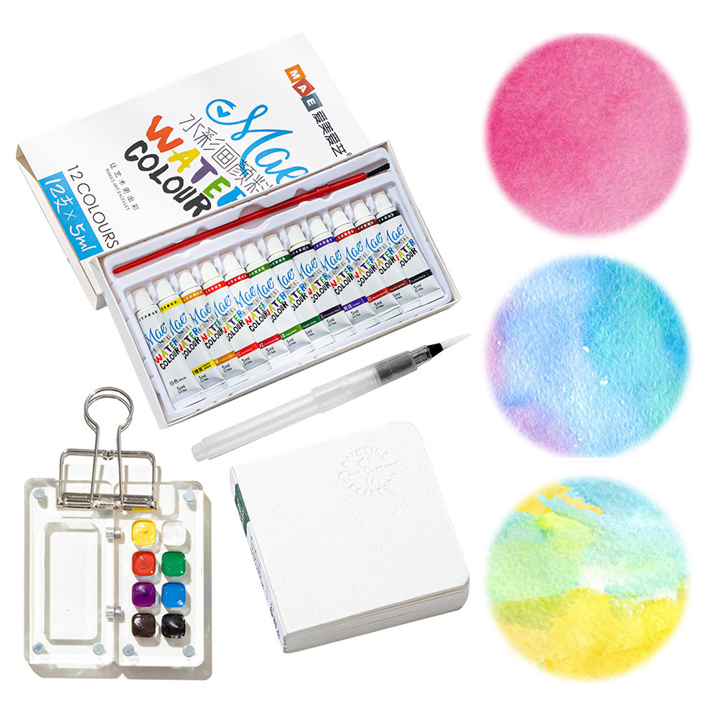 

Water Colour Paint Palette Travel Kit Watercolor Sketch Book with Binder Clip Watercolor Brush Acrylic Grid Paint Box