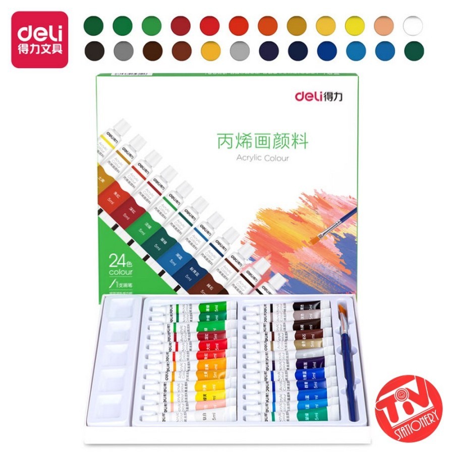 

COD Cat Akrilik Deli Acrylic Paint 24 Warna (24 x 5 ml) Bonus Kuas & Palet