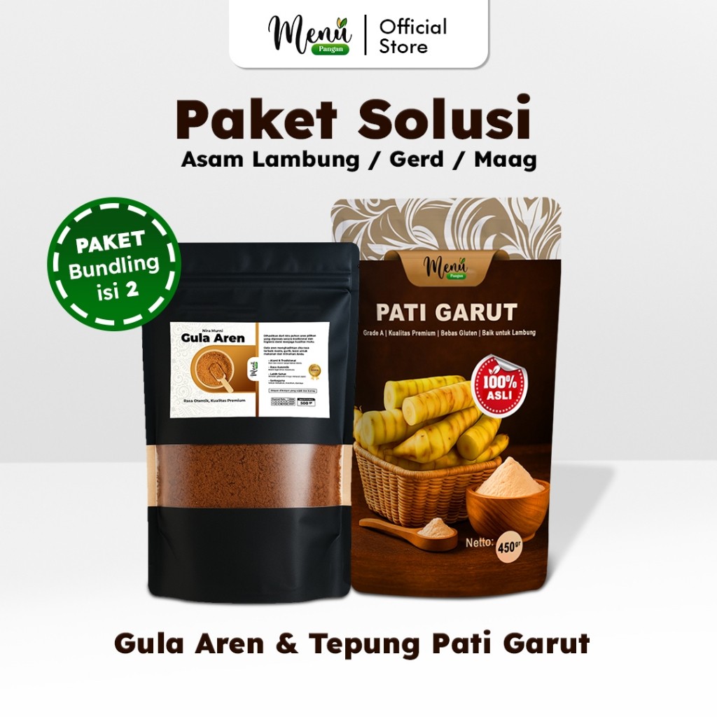 

Paket Herbal Atasi ASAM LAMBUNG GERD Maag Mual Kembung - Tepung PATI GARUT + Gula Aren MenuPangan