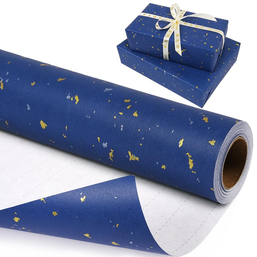 

Gift Wrapping Paper Roll, 1 Roll 17inch x 120inch,Navy Blue Gold Foil Design for Holiday, Birthday, Wedding, Party