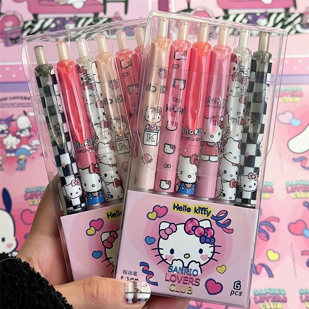 

6pcs Cartoon Gel Pen Hello Kitty Cartoon Cinnamoroll Kuromi Quick Drying Black 0.5mm Ballpoint Pen Student Stationery Supplies
