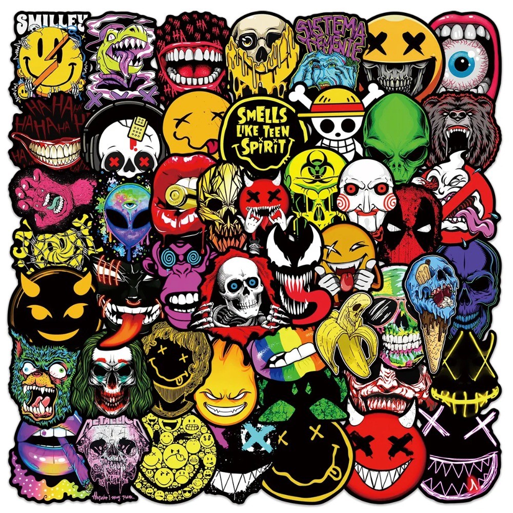 

50PCS Cool Fashion Cartoon Horror Smiley Graffiti Sticker Suitcase PVC Skateboard Laptop Refrigerator Phone Car DIY Decal