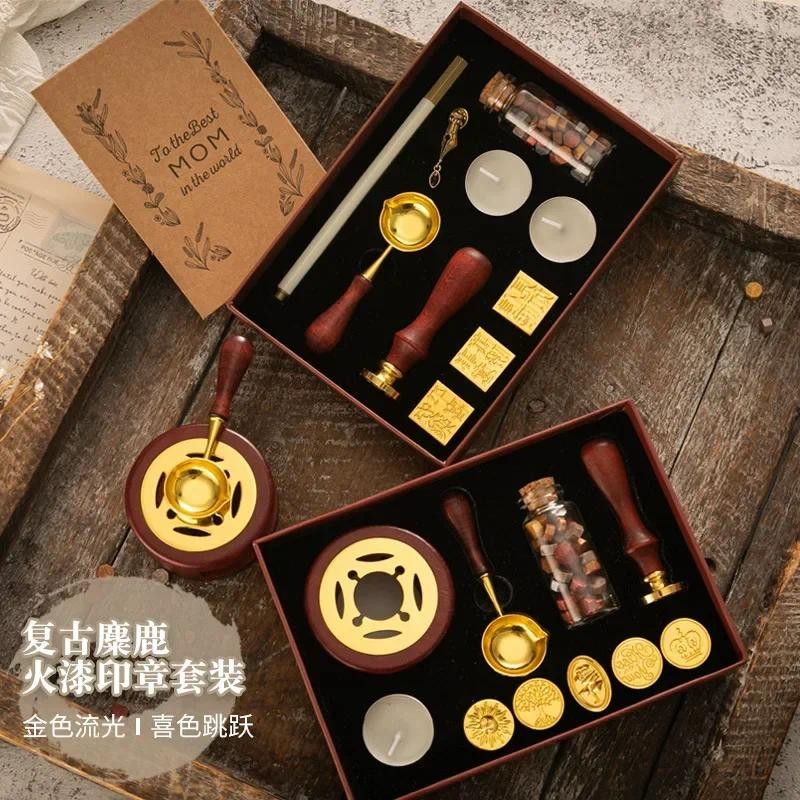 

Fire Paint Seal Set Vintage Elk Wax Seal Stamp Embossed Decoration Furnace Seal Small Round Wax Set Wood Handle Fire Paint Set