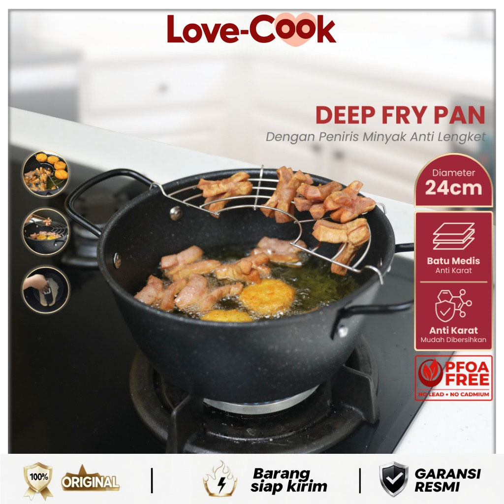 Love Cook  - Wajan Penggorengan 24cm 22 cm Dengan Rak Tirisan Deep Fryer Pot Panci Penggorengan