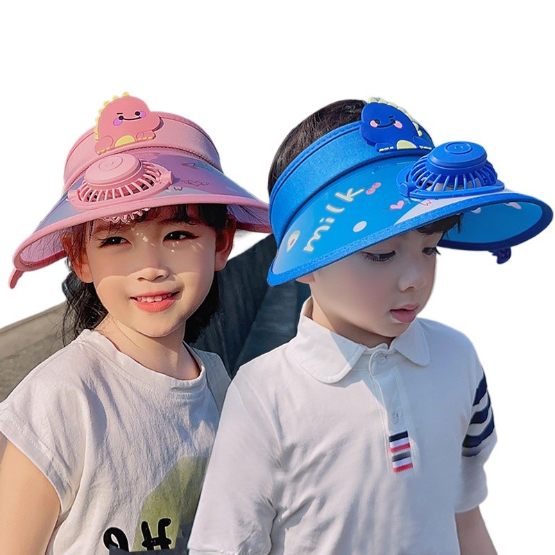 Summer Kids Mini Fan Hat  Empty Top Cartoon Dinosaur Cap Outdoor Children Sunhat Usb Charging Wide E