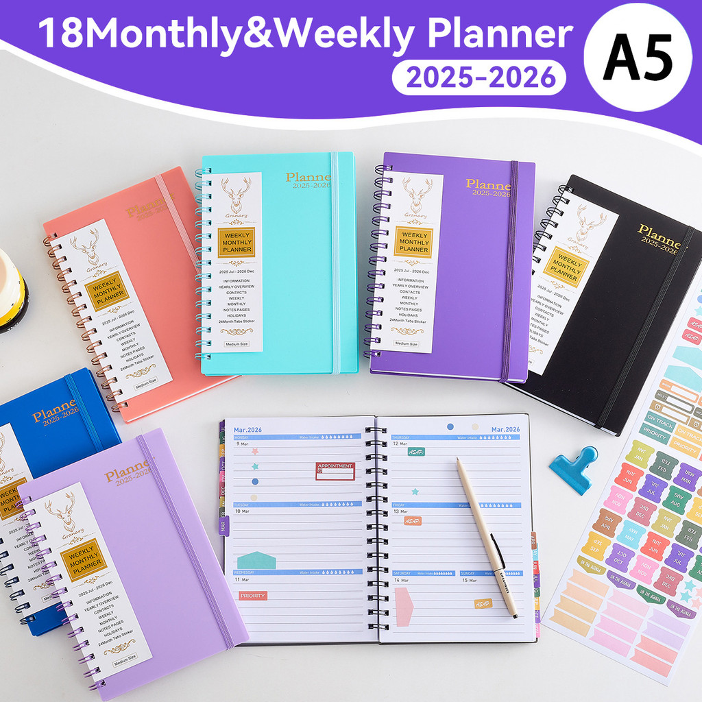 

2025.07-2026.12 A5 Planner Full English Schedule PP Cover 18 Months Rollover Coil Notebook Stationery School Office Supplies