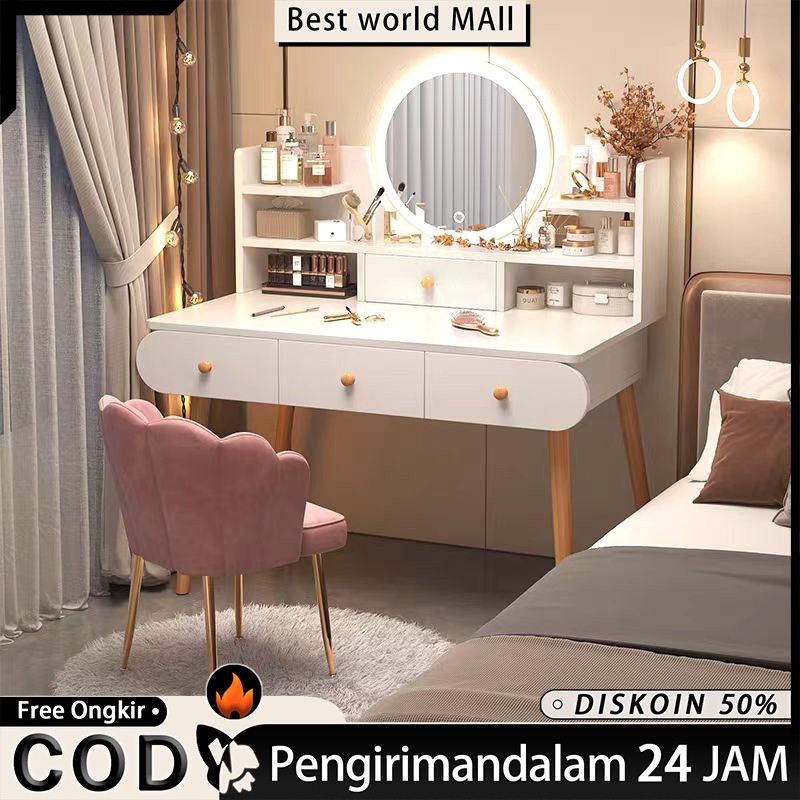 Meja Rias Meja Putih Minimalis Meja Kosmetik Minimalis Mini Modern Lampu LED【Kompensasi Kerusakan Pe