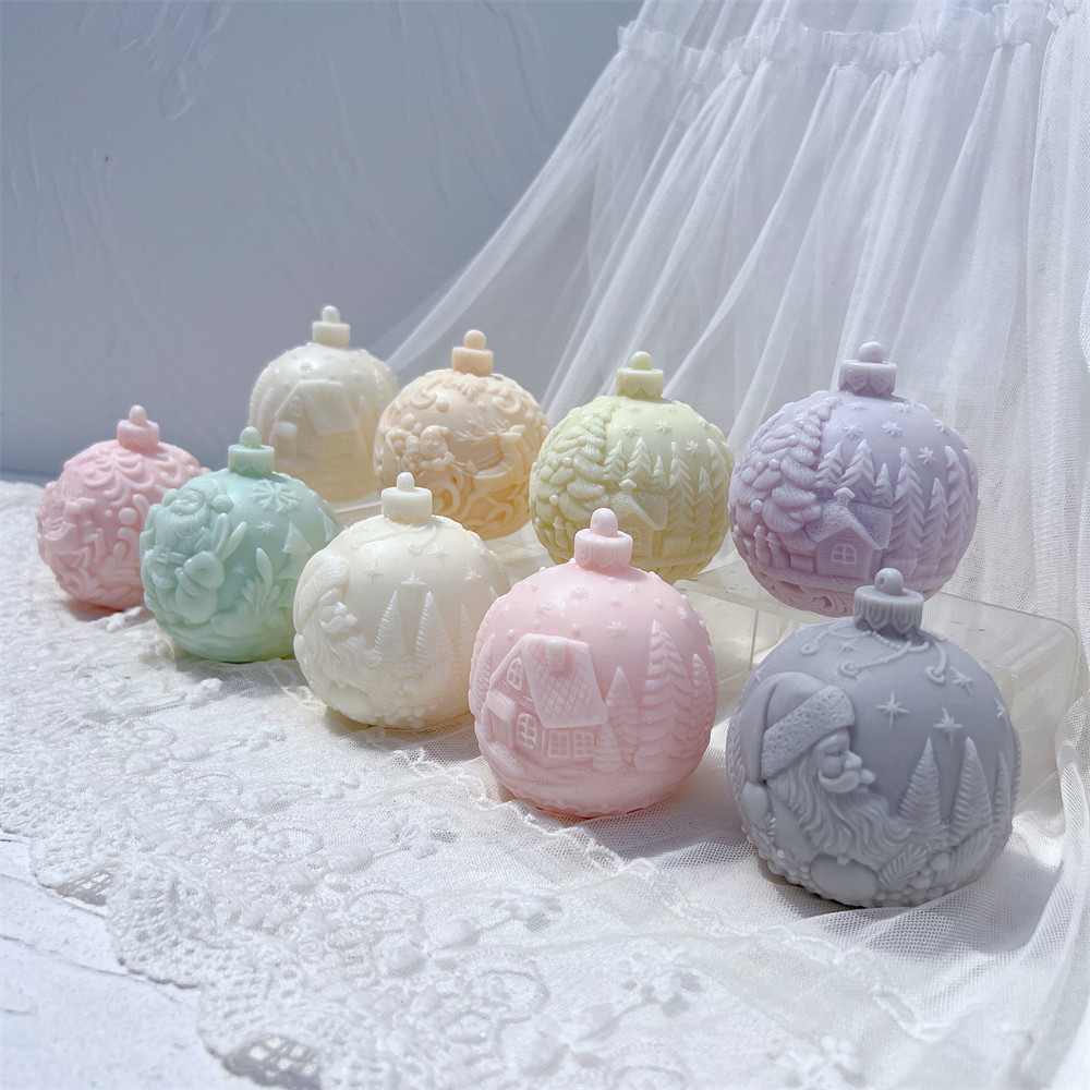 

5 Designs Ball Silicone Candle Mold Xmas Ornaments Candle Mould Round Deer Santa Claus Soy Wax Mould