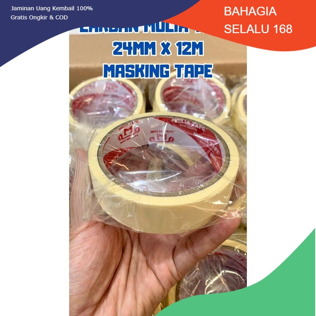 

Lakban Kertas / Masking Mulia Tape Ukuran 24mm x 12m Kemasan 1 Dus Isi 144 Roll