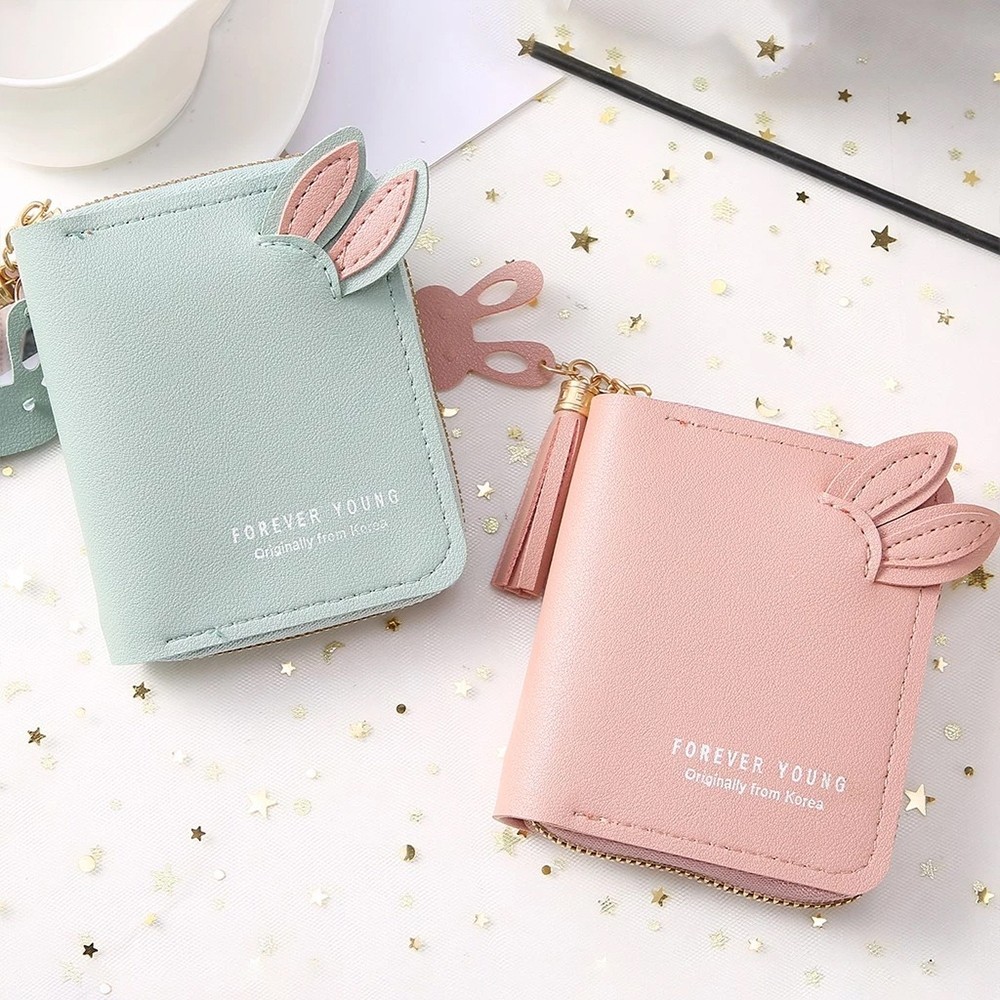 CLODY - Dompet Lipat Koin Motif Telinga Kelinci Dompet Wanita Mini Kartu Gantingan Rumbai Kelinci Lu