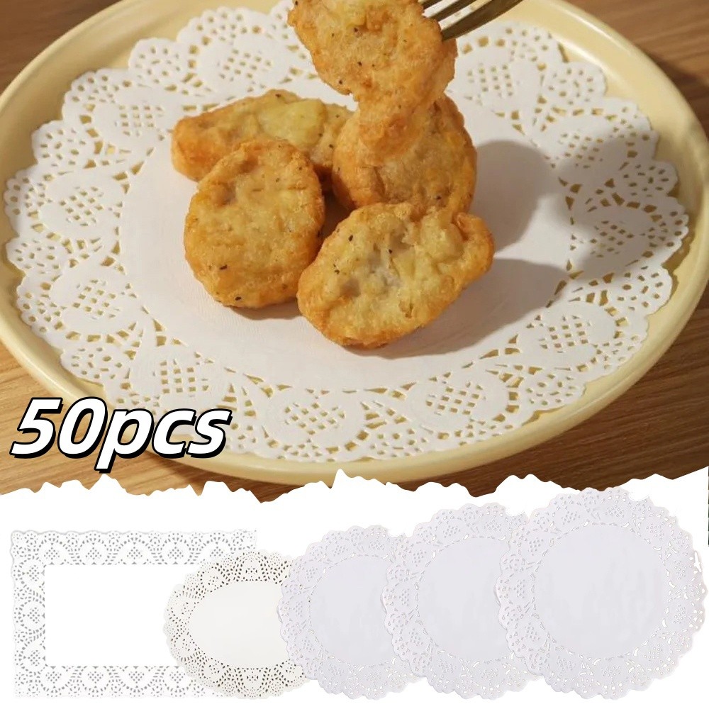 

50pcs White Lace Mat Cupcake Placemat Paper For Fried Food Dessert Cookies Cake Party Wedding Table Decor Pad Kitchen Supplies