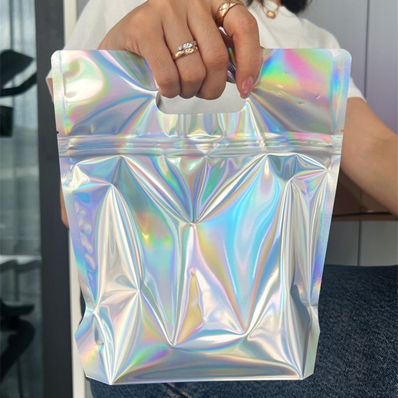 

StoBag 50pcs Transparent Laser Rainbow Candy Snack Packaging Bag Zipper Tote Handle Kids Gift Plastic Sealed Food Storage Pouch