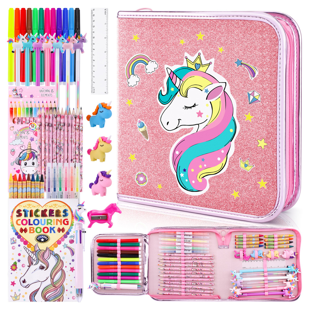 

53/56PCS Painting Stationery Sets for kids Unciorn Drawing Tool Colored Marker Pens Crayons Pencil Case School Art Supplies