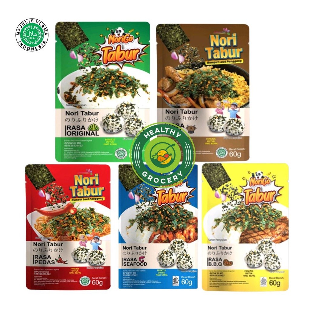 

Norigo Tabur Nori Tabur Rasa BBQ / Original / Pedas / Sapi / Seafood 60gr JAVA SUPER FOOD RUMPUT LAUT TABUR