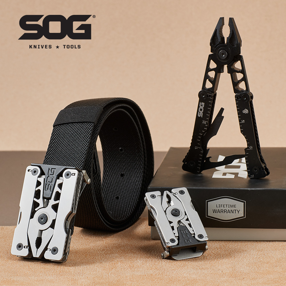 SOG Sync I & II Traveler Multitool Belt Buckle EDC Mini Multi Tool Gadgets, Folding Pliers, Knife an