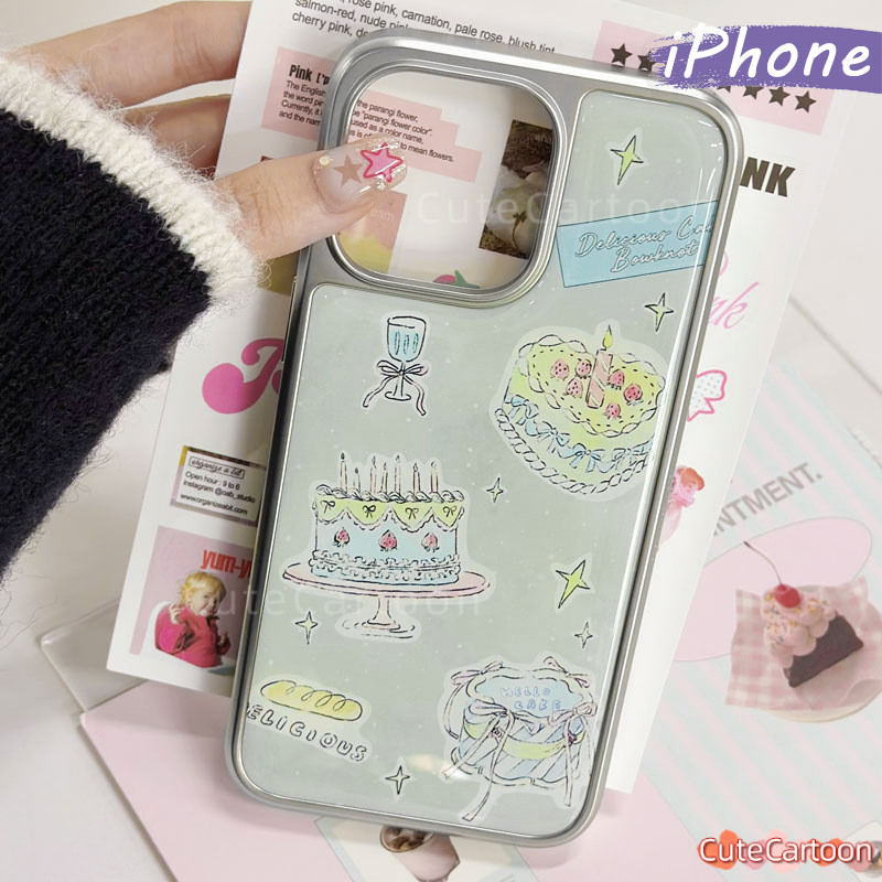Estetik Cake Bling Bling Hologram Case hp iPhone 16 13 15 17 11 12 14 Pro Plus Max Air Silver Cewek 