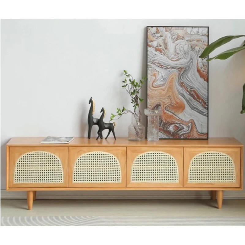 Buffet TV Kayu Jati Natural – Kabinet TV Rotan Retro Minimalis untuk Kamar Tidur Estetik