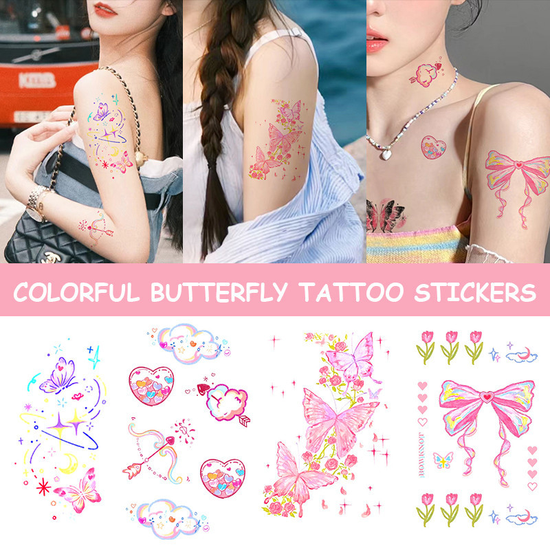 【COD❤️】Gadis Stiker Tato Kupu-kupu Berwarna-warni Stiker Tato Simulasi Tahan Air Tato Yang Dapat Dic