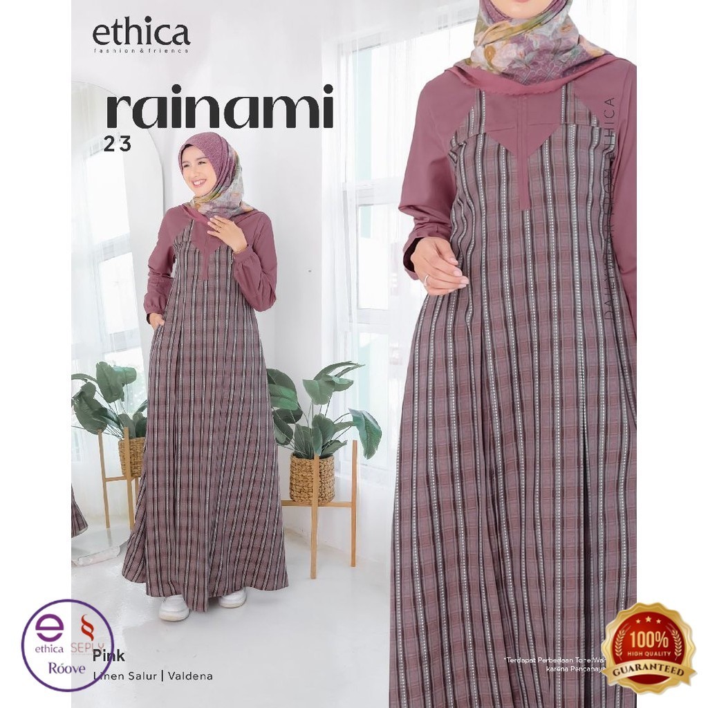 Ethica Rainami 23 Pink Khaki Linen Salur Valdena Gamis Tali Pinggang Motif Garis Kombinasi Polos