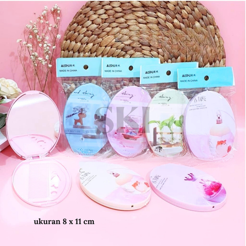 Kaca Lipat + Sisir / Cermin Kecil / Cermin Makeup motif Lucu
