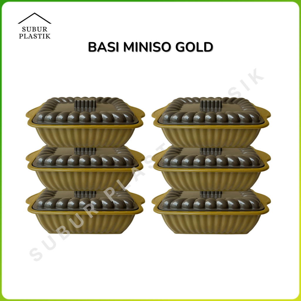 [6 & 12 pcs] Basi Miniso Gold Plastik Dengan Tutup Wadah Lauk Sayur Kotak Panjang Coklat Besek Hajat