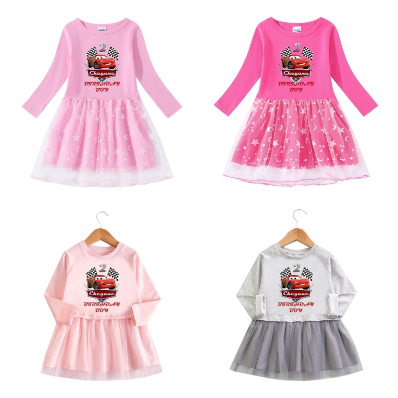 Autumn Kids Dresses for Girls Cartoon McQueen Car Long Sleeve Princess Dress Party Birthday Toddler 