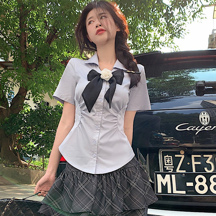 kemeja lengan pendek atas kue kotak-kotak musim panas wanita rok pendek set dua potong