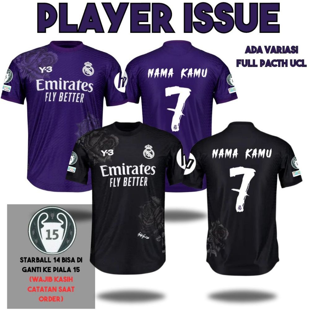 PLAYER ISSUE Jersey Real Madrid Y3 Yamamoto hitam purple 2023 2024 Sepak Bola versi pemain Match Aut