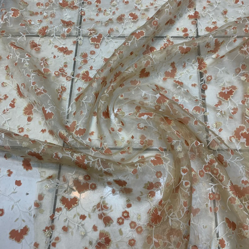 kain organza motif timbul - kain organza print - kain organza motif bunga - kain antik motif - kain 