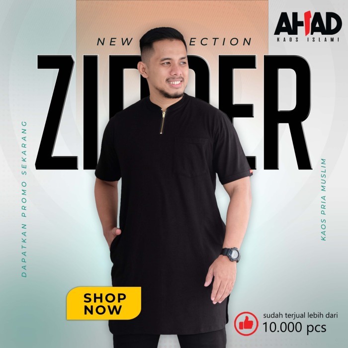 ✔Anh.S✔ -  TERLARIS Kaos Gamis Ahad Zipper Pria Original (AH09) - Hitam, M