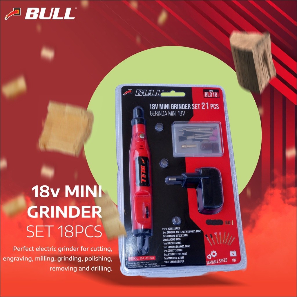 BULL Mini Grinder BL318 / Gerinda Listrik Bor Mini 18V Set
