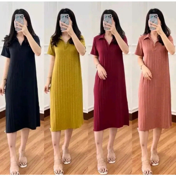 PROMO !!! AMBER SLIT DRESS HORNET KNIT KERAH / DRESS SHIRT HORNET KNIT PREMIUM / MIDI DRESS HORNET K