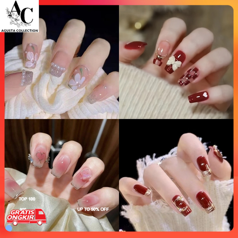 Kuku Palsu Terkini / Kuku Palsu Panjang 24Pcs+Lem Kuku Palsu 3D Free Lem Kuku Palsu Tahan Air Isi 24