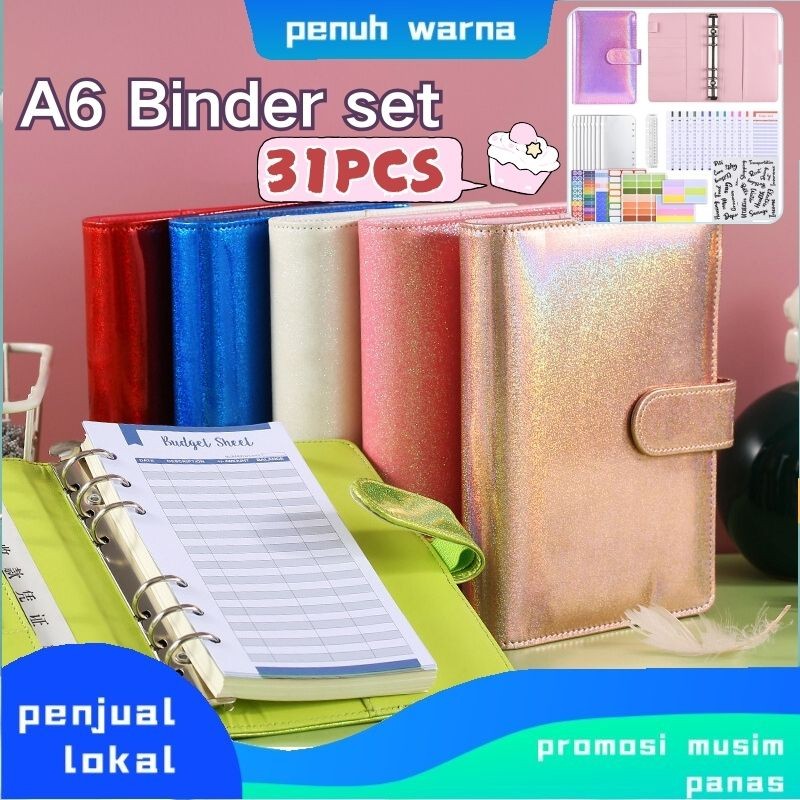 

【Local Delivery 】Binder kulit keuangan A6 /Binder kulit A6 6 lubang/ gliter premium motif /A6 Binder set/A6 Binder Keuangan/Binder note book by/Note book premium