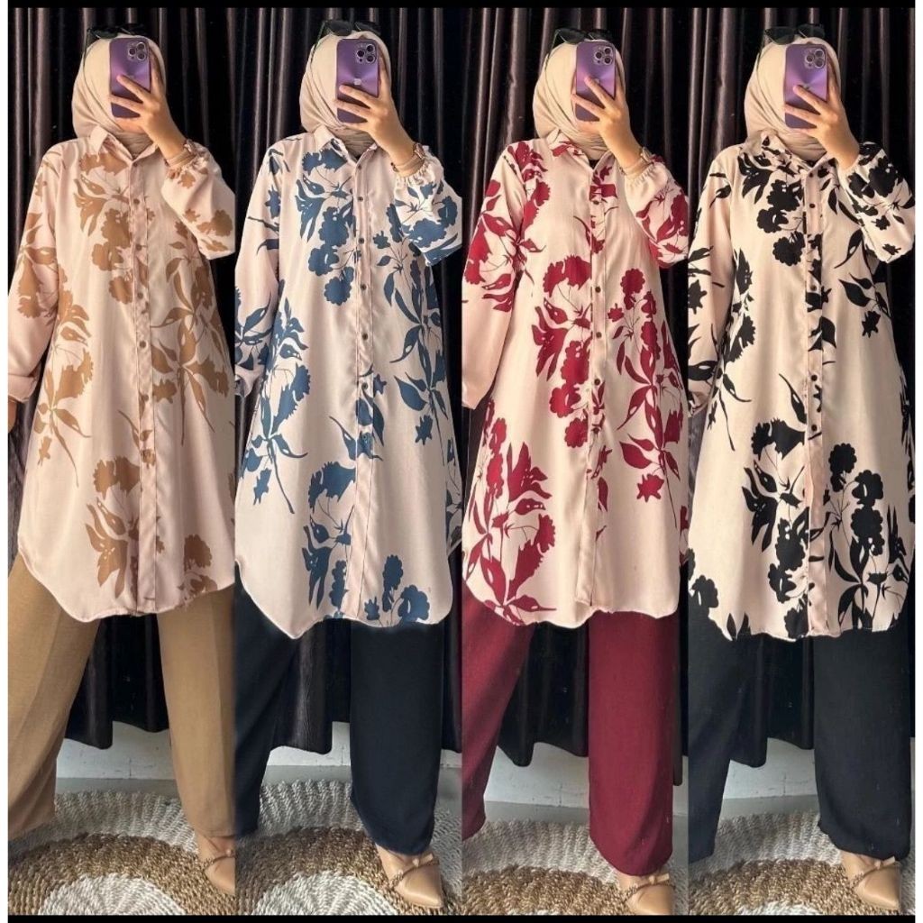 MUNNA MONIKA TUNIK SET CELANA Setelan Tunik Wanita Motif Bunga Panjang Muslim
