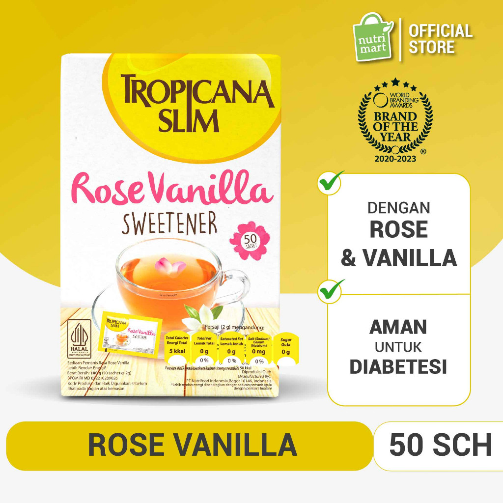 

Tropicana Slim Sweetener Rose Vanilla 50 sch - Pemanis untuk Bantu Batasi Gula