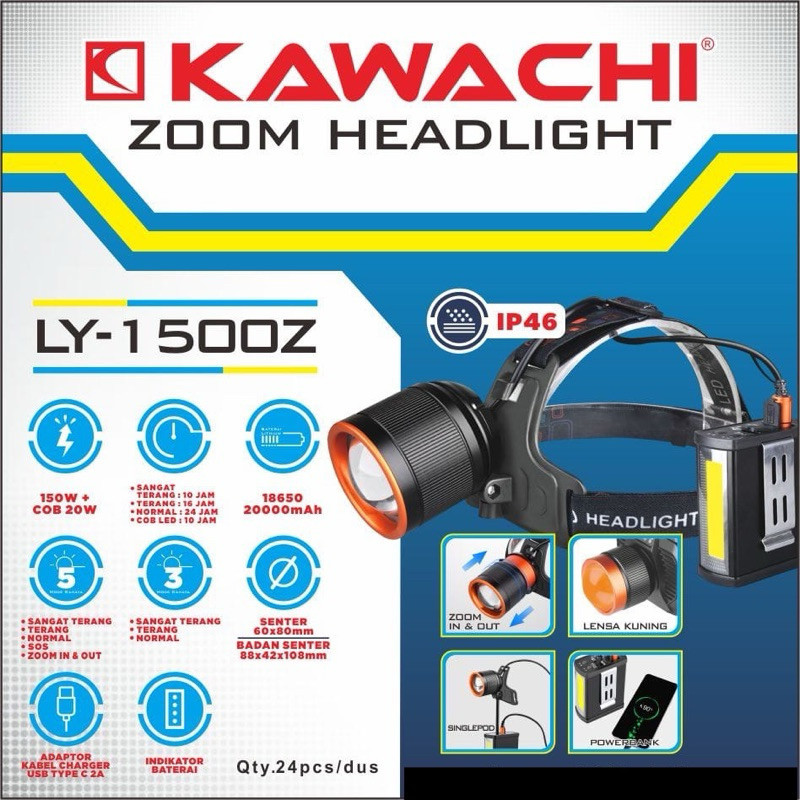 New senter kepala headlam kawachi ly 1500z senter portable senter cast terang dan awet penerangan ma