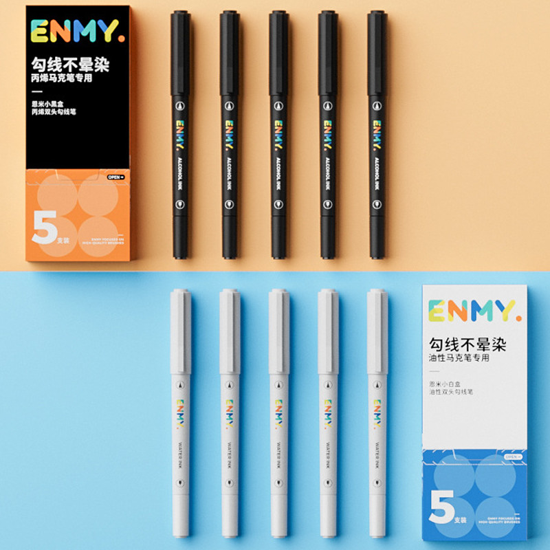 

Ay00! Set 5 Pensil Marker ENMY Dual-Tip, Hitam, Tahan Air, Tidak Luntur, Cocok untuk Karya Seni