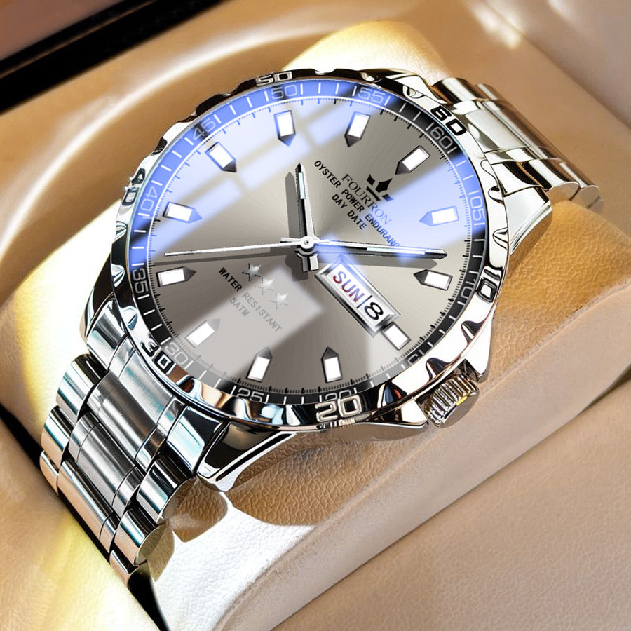 

Jam Tangan Otomatis Penuh Asli Non-Mekanis Fashion Hollow Kalender Ganda Tali Baja Luminous Gesper Ganda Pria