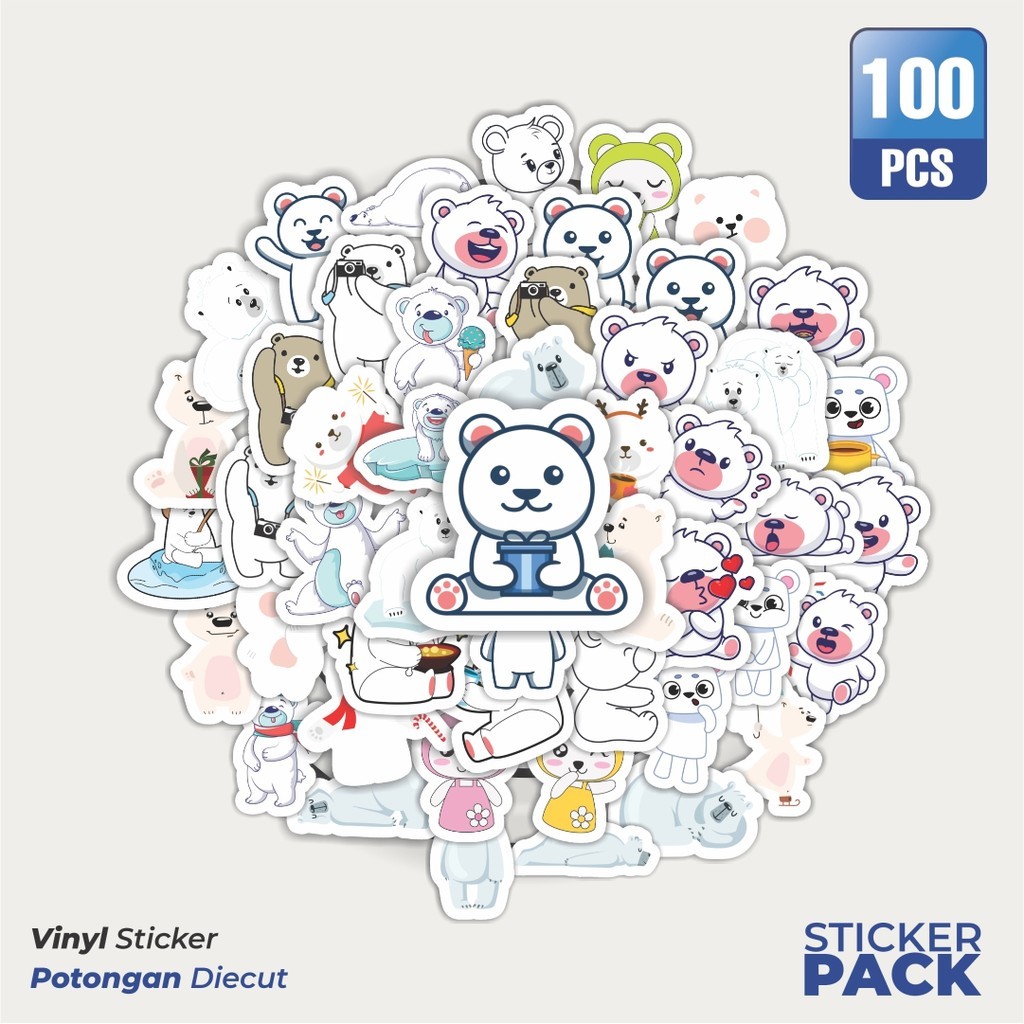 

100 PCS STIKER Hewan Beruang Kutub Waterproof Aesthetic- Untuk Laptop, Motor, dan Helm - Paper Stationery Pack