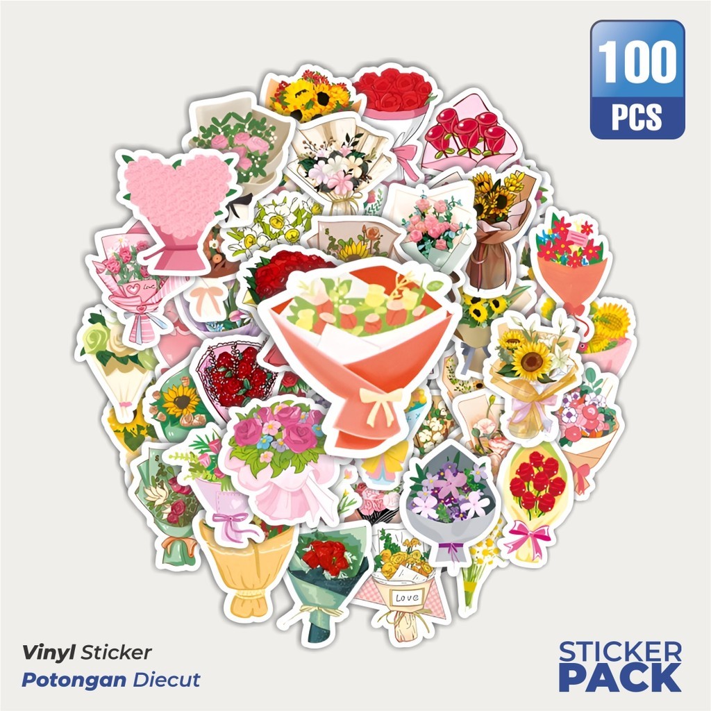 

MURAH 100 PCS Stiker Bucket Bunga Waterproof Aesthetic- Untuk Laptop, Motor, dan Helm - Paper Stationery Pack