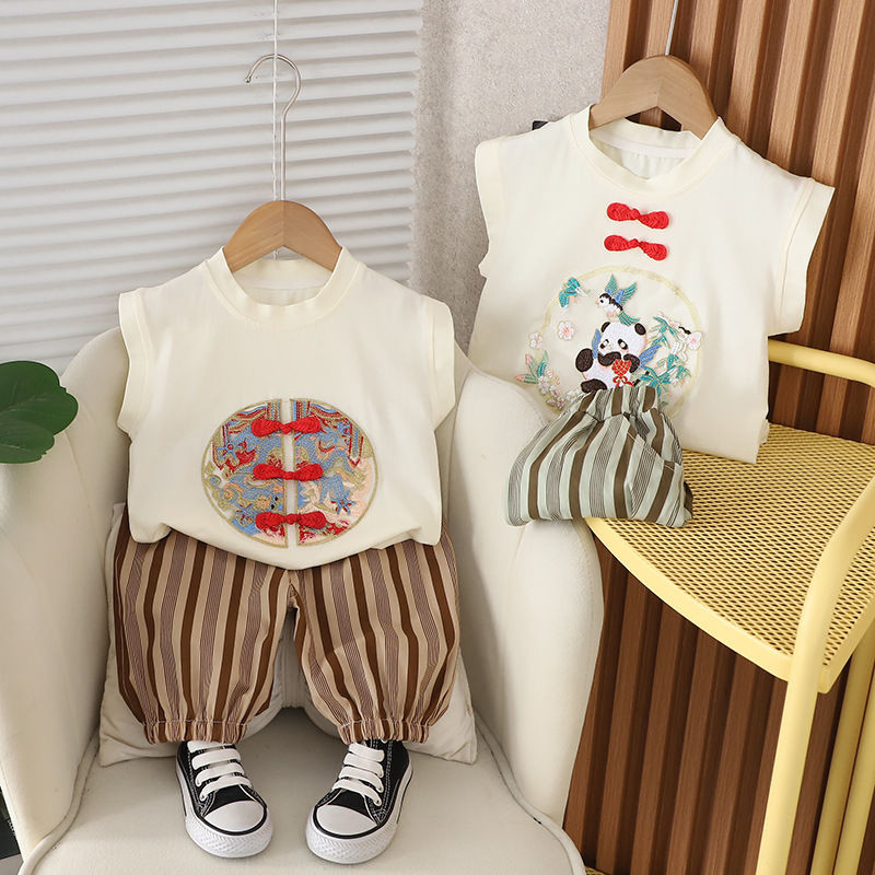 Set Celana Atasan Anak-Anak Panda Gaya Cina Musim Panas Tanpa Lengan Dua Potong Anak Laki-laki